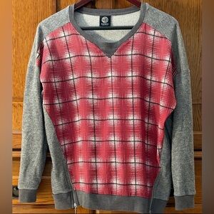 Bobeau Mixed Media Plaid Front Sweatshirt Pullover Crewneck Raglan Zipper Sides